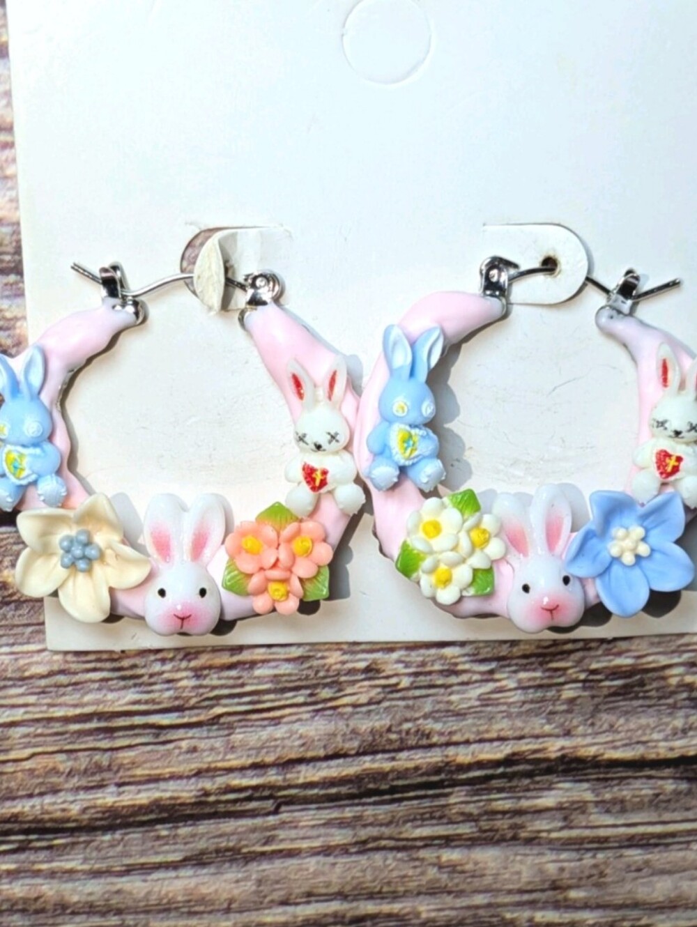 Hand Crafted Decoden Pastel Pink Bunny Hoop Earrings with Floral Accents For Her